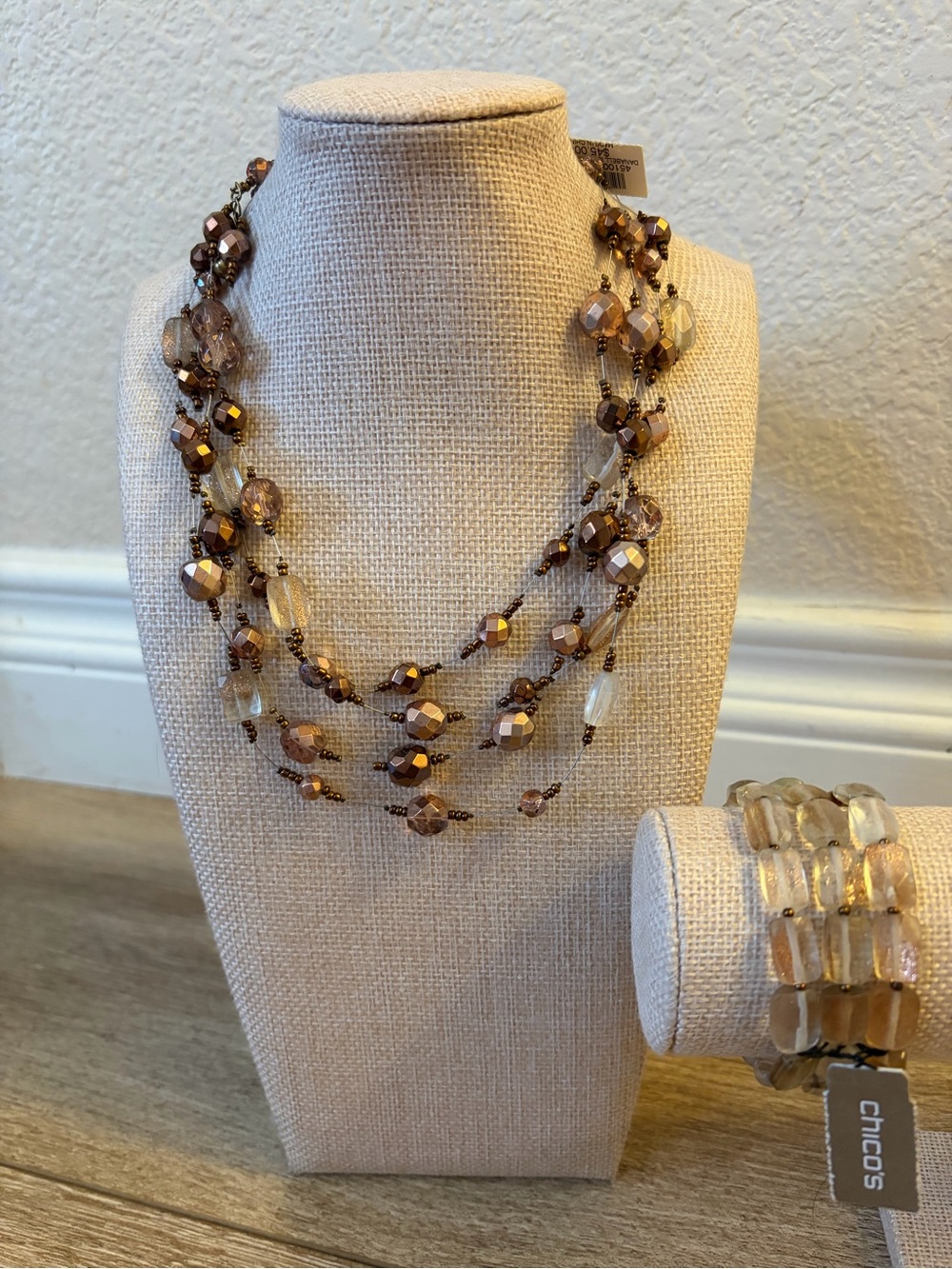 Chico's 3-Strand Faceted Brown and Champagne Bead Necklace & matching bracelet